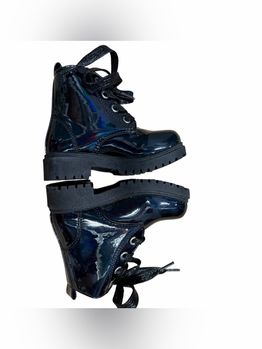 Kids Black Patent Lace-Up Combat Boots Size 6
